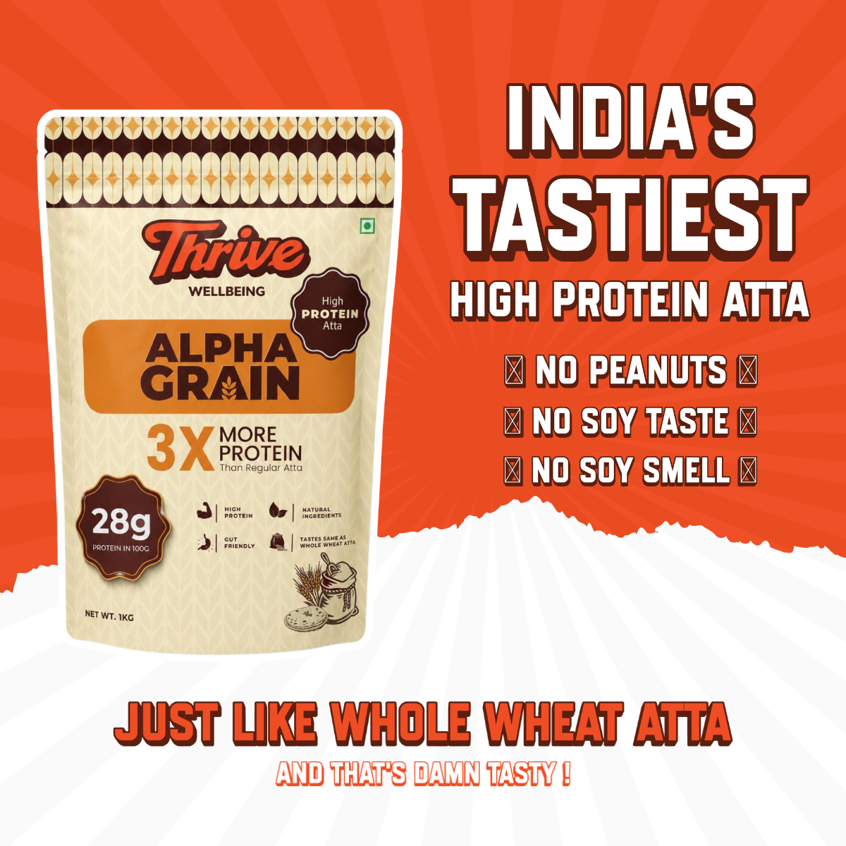AlphaGrain High Protein Atta 28g Protein per 100g and Same Taste.